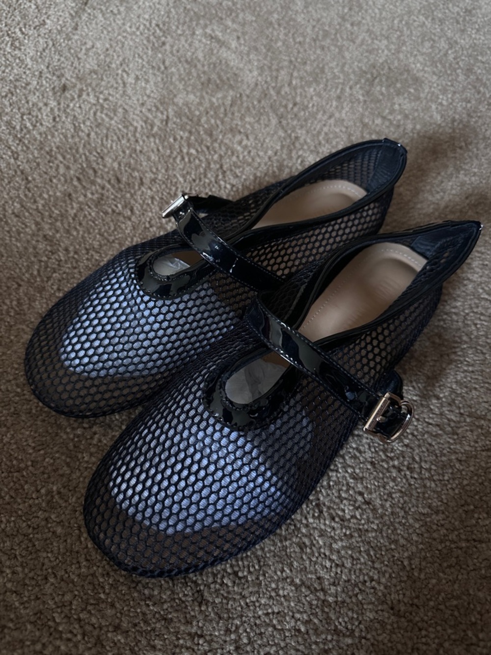 Black Mesh Mary Jane Flats with Patent Strap